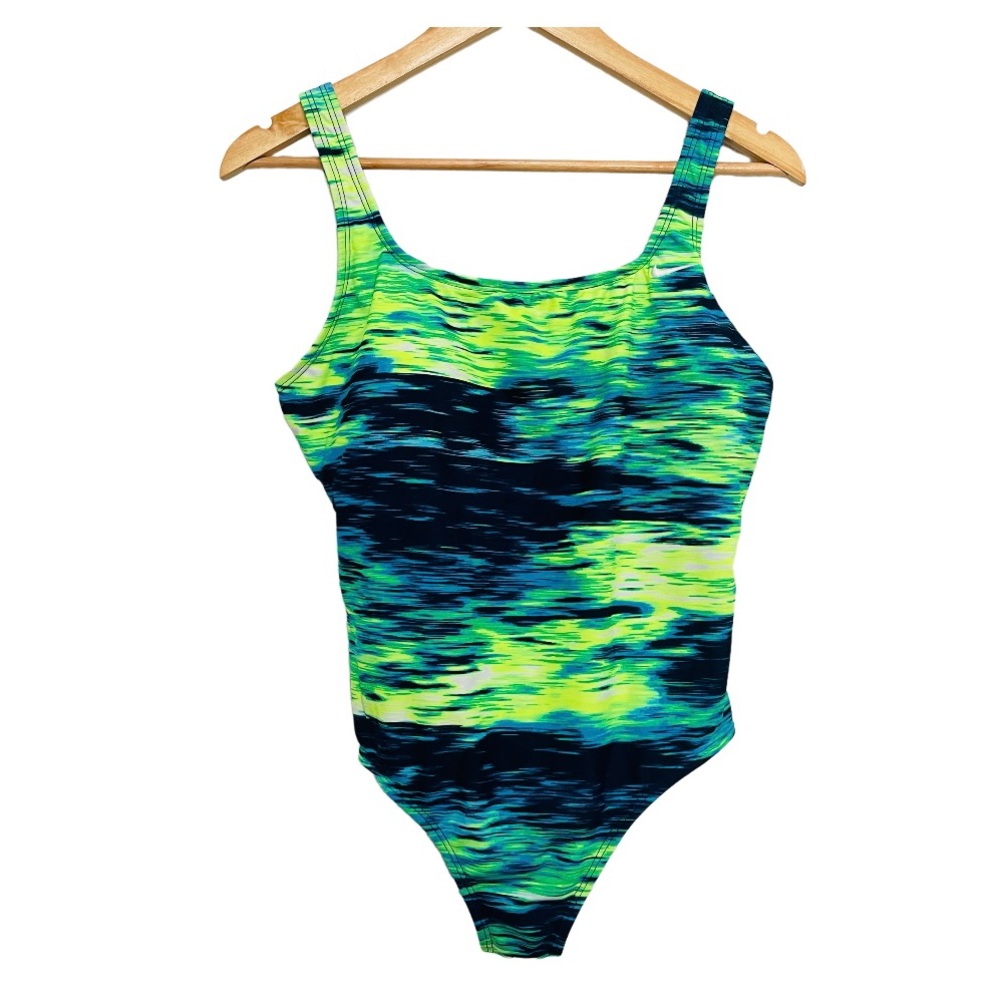 Nike Womens One Piece Swimsuit Green Blue Abstract Print Athletic Swim Size XL